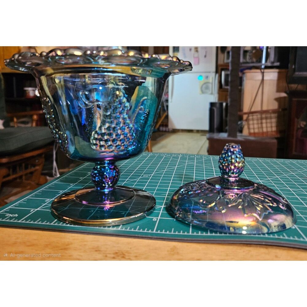 Vintage Peacock Teal Carnival Glass Covered Candy Dish Compote Pinecone Lid - Picture 5 of 5